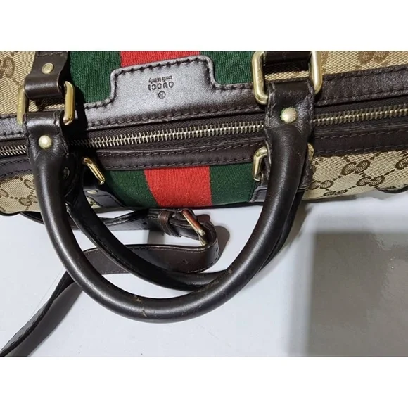 Authentic Gucci GG Canvas Leather Medium Vintage Web Boston Satchel Bag Brown/Be - Picture 11 of 16